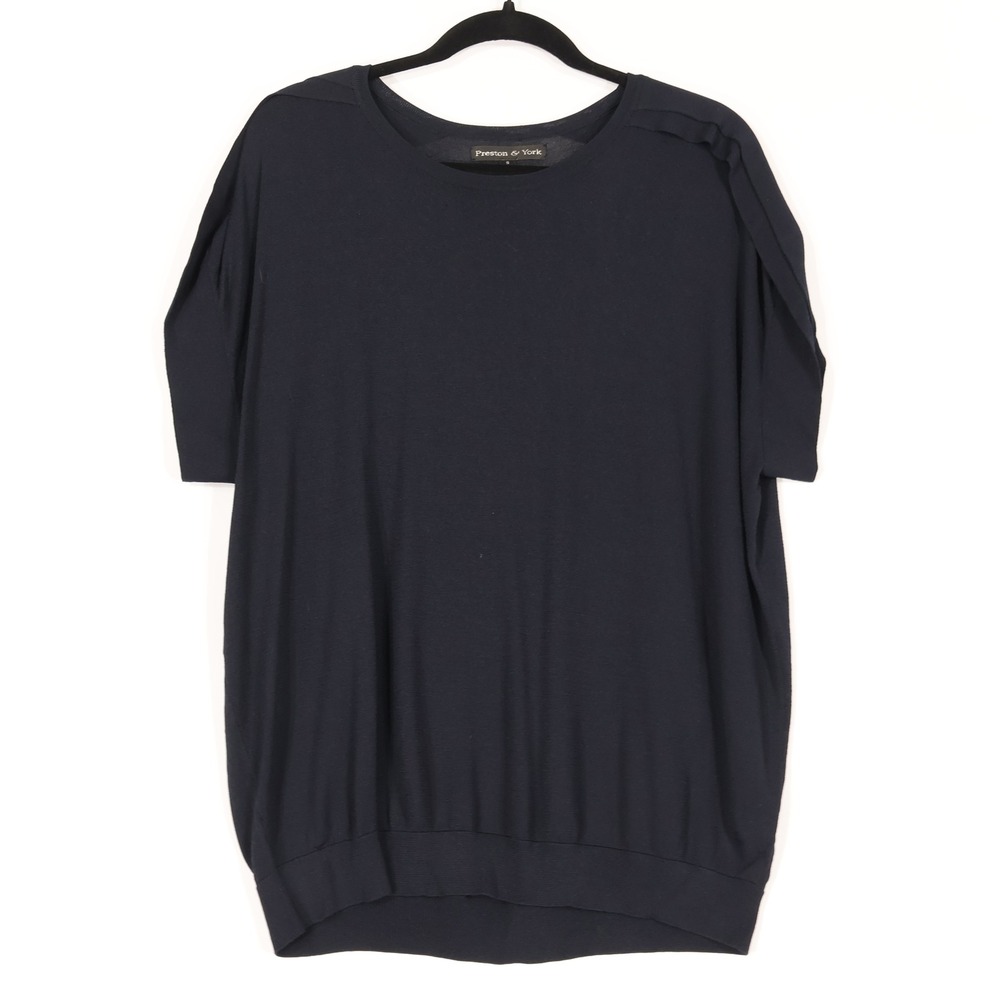 Preston & York Knit Top Women Small Dark Blue Pleated Shoulder Office Wear Chic